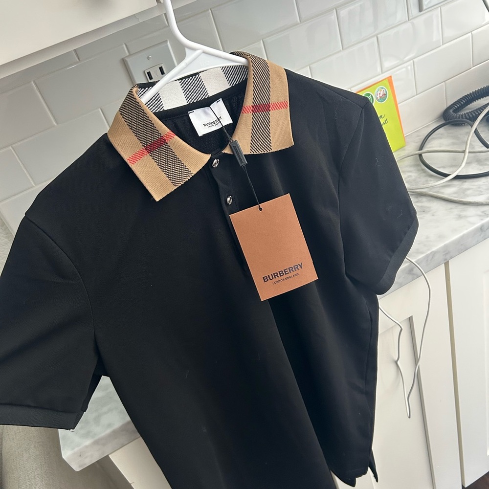 Burberry Black Polo with Tan Check Collar